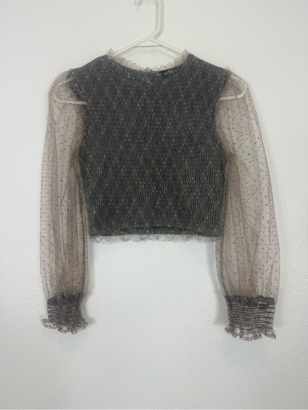 Storia Grey Dot Tulle Smocked Puff Sleeve Top Cropped Balletcore Girlhoodcore S